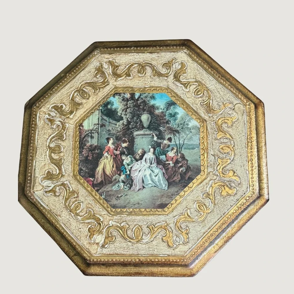Vintage Pair Italian Florentine Octagonal Wood Wall Plaques Hanging